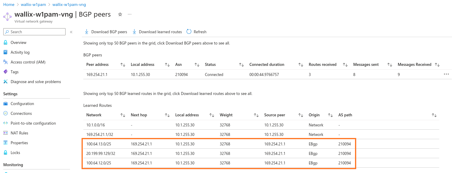 Azure VPN connection routes