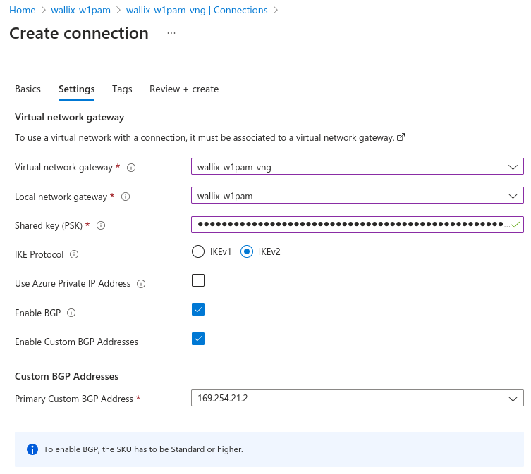 Azure VPN connection settings 1/2