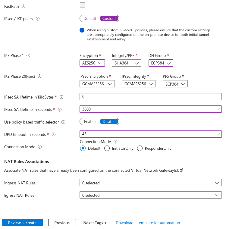 Azure VPN connection settings 2/2