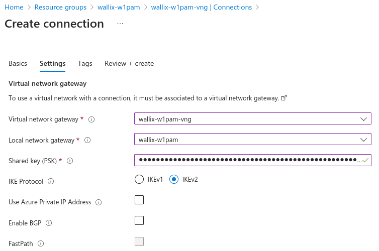 Azure VPN connection settings 1/2