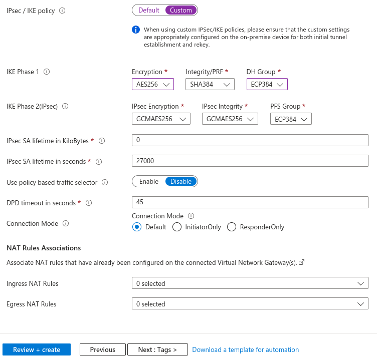 Azure VPN connection settings 2/2