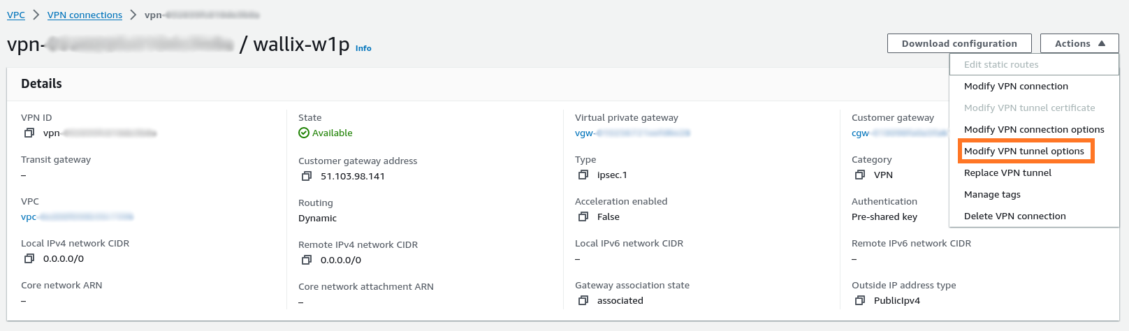 AWS vpn connection tunnel information 1/2