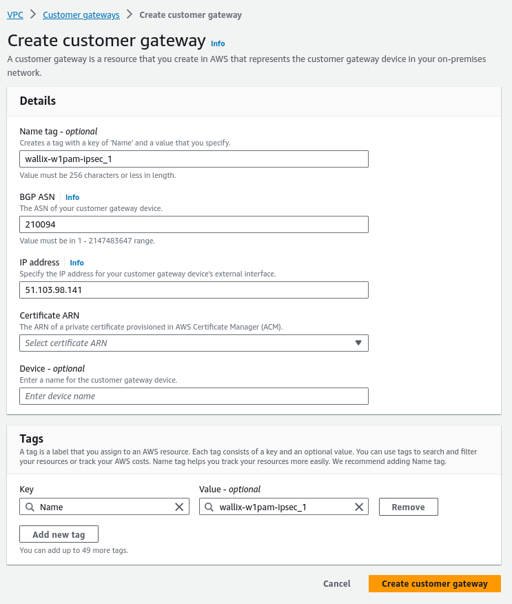 AWS vpn customer gateway