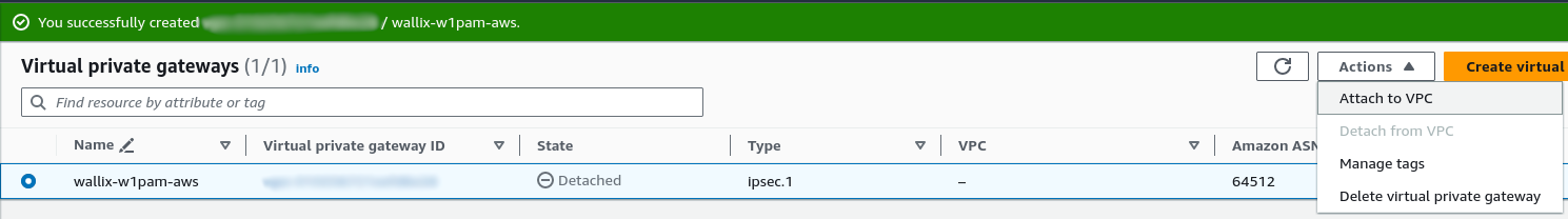 AWS vpn private gateway attach to VPC 1/2