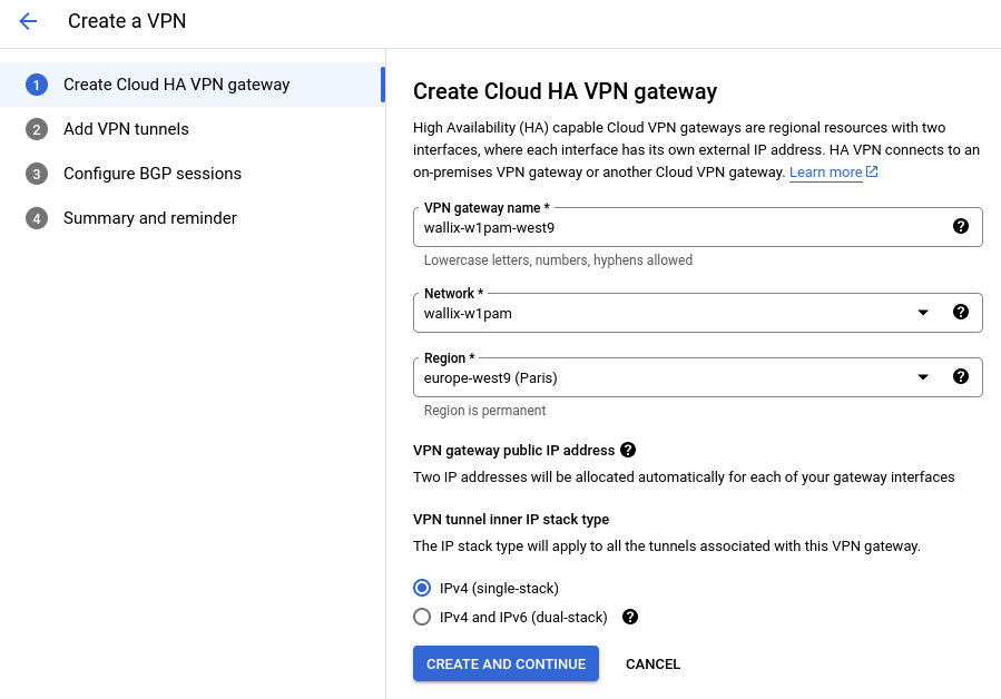 GCP Create VPN connection (step 1)