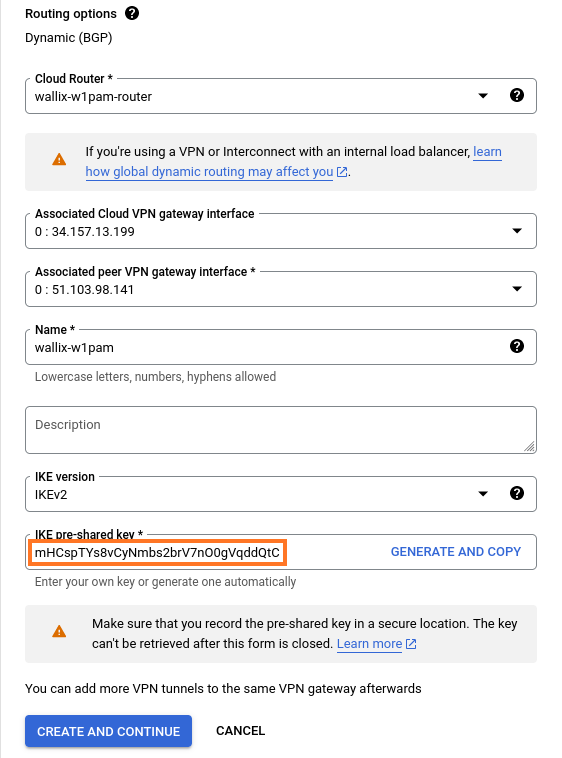 GCP Create VPN connection (step 3)